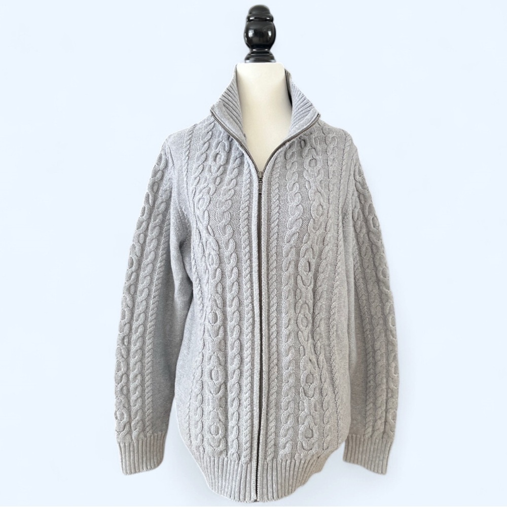 L.L. Bean Men’s Grey 100% Cotton Cable Knit Full Zip Sweater XL